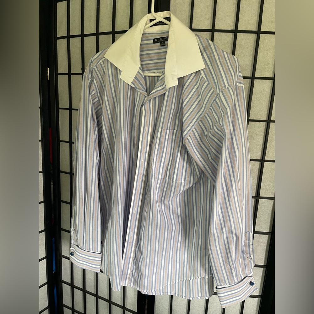 Blue and White Striped Dress Shirt with Contrast Collar